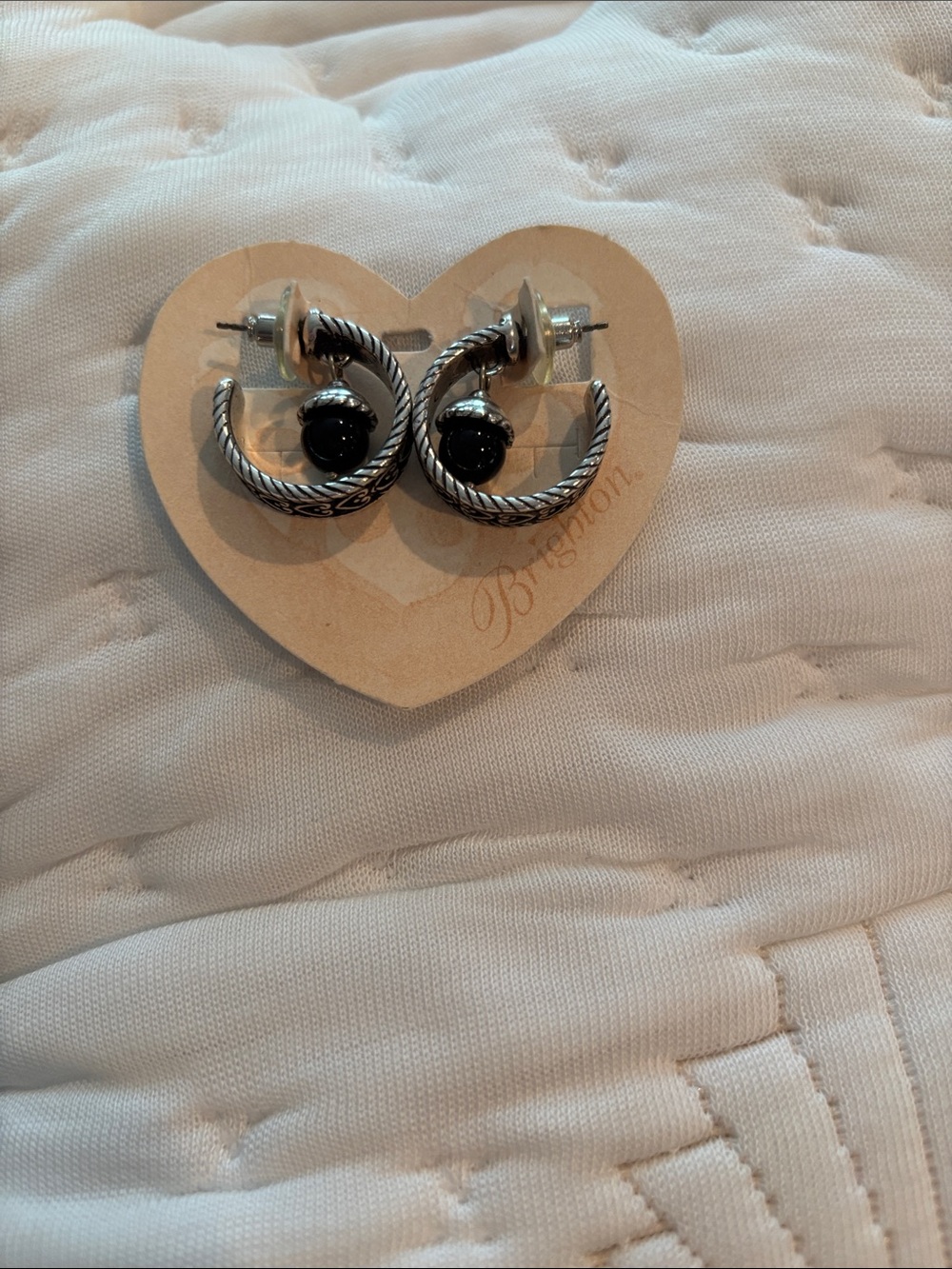 Brighton Silver-Tone Hoop Earrings with Black Cabochon